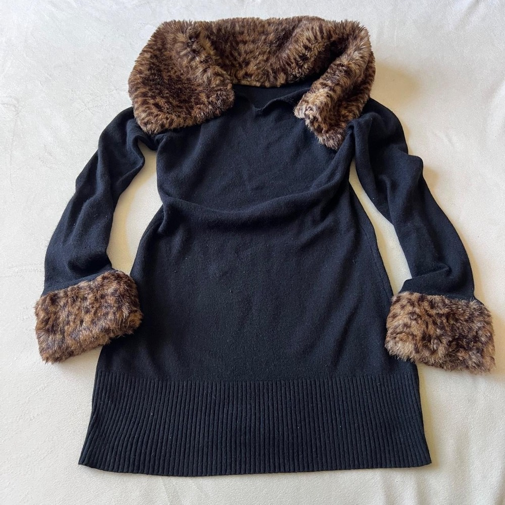 Vintage Black Large Collar sweater dress faux animal fur trim on sleeves y2k